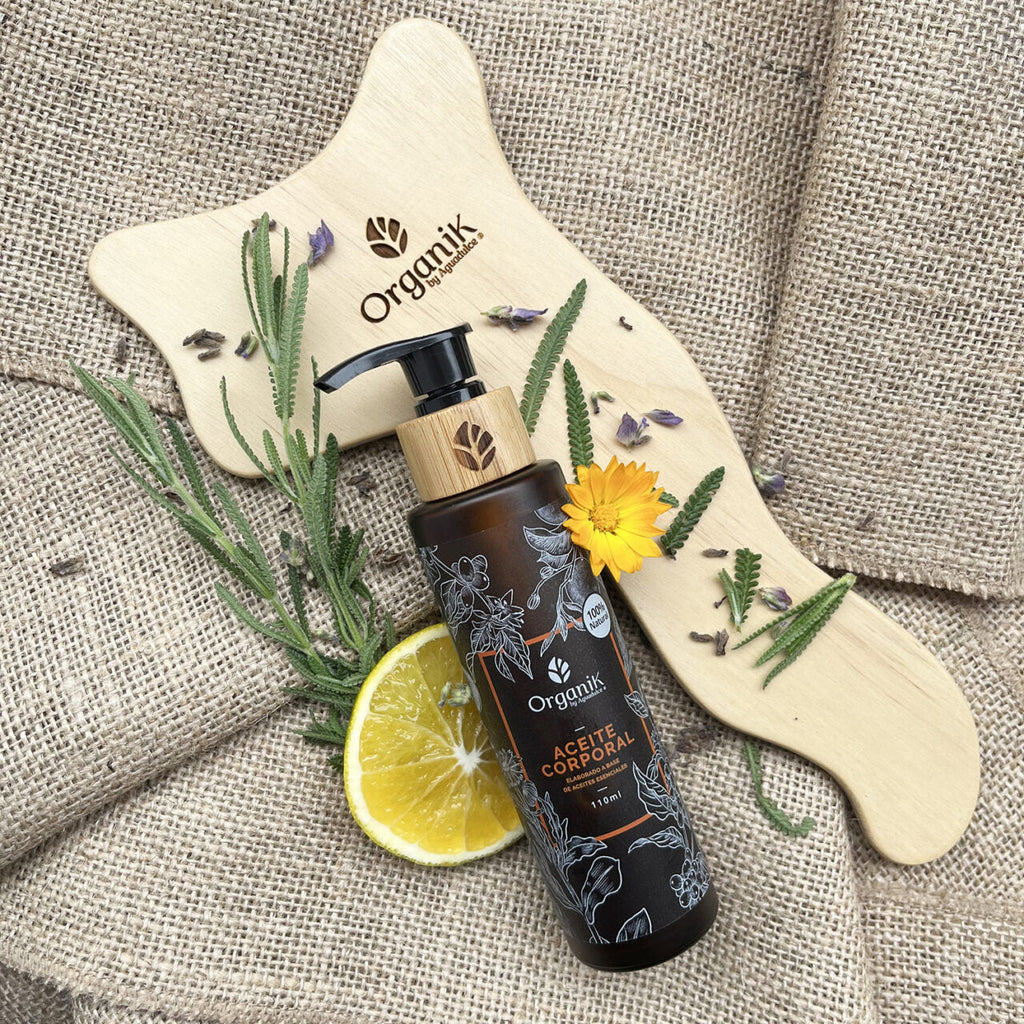 Kit corporal para masajes - Aceite corporal natural 110 ml y gua sha en madera (26,5 cms de largo)